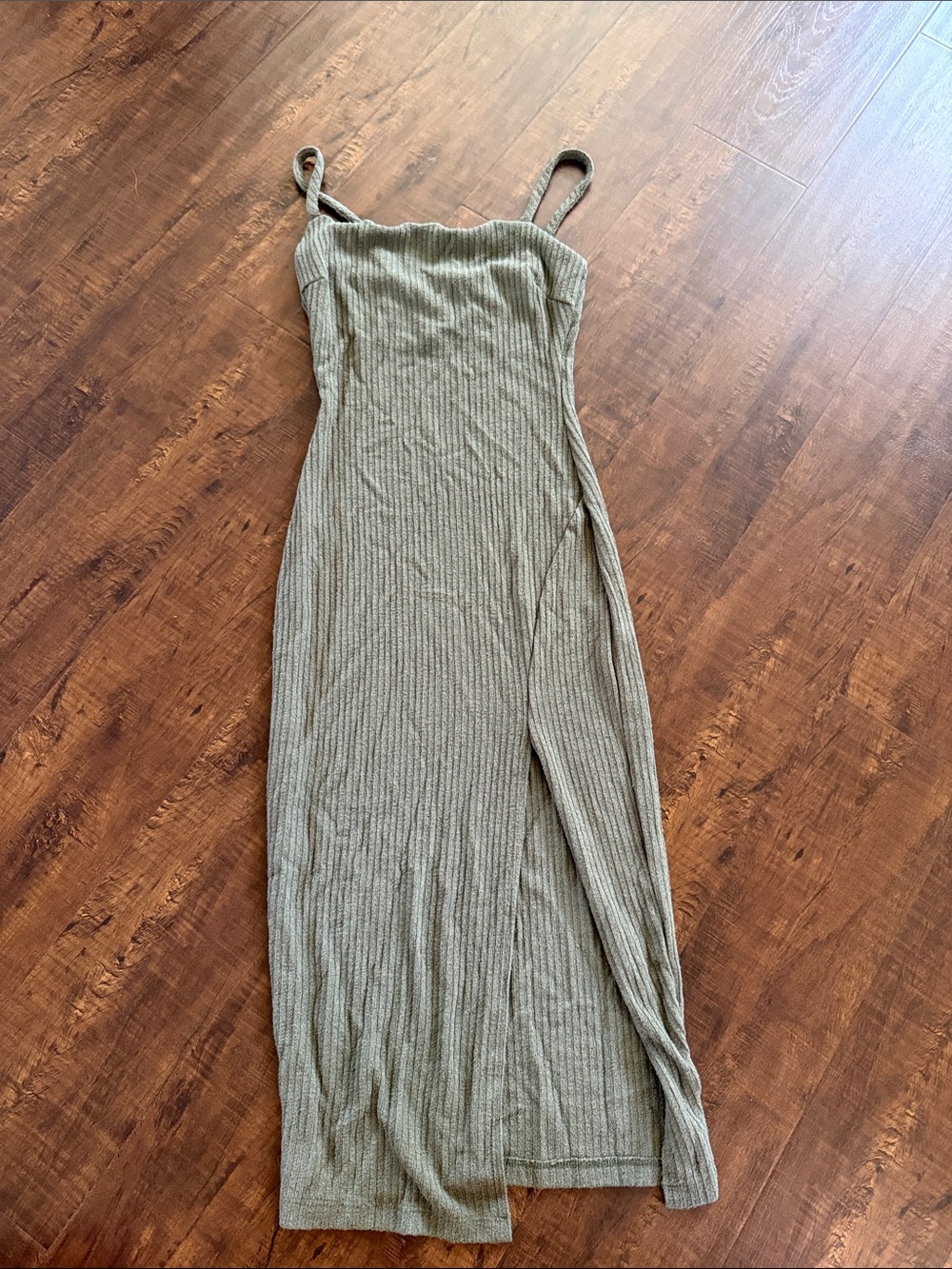 Ribbed Strappy Dress in Olive Green